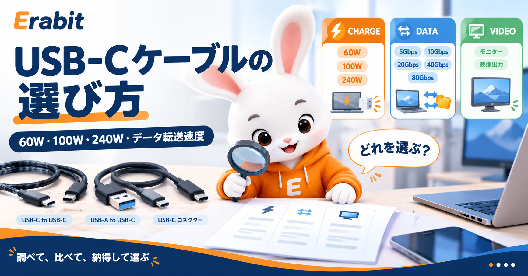 【初心者向け】USB-Cケーブルの選び方｜60W・100W・240W・データ転送速度を解説